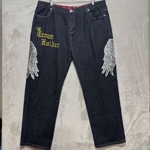Crown Holder Mens Black Denim Embroidered Wings Face Jeans Size 42x30 HipHop Y2K